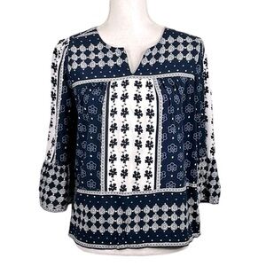 LOFT Ann Taylor Boho Blue & White Floral Flowy 3/4 Bell Sleeve Top Size Small